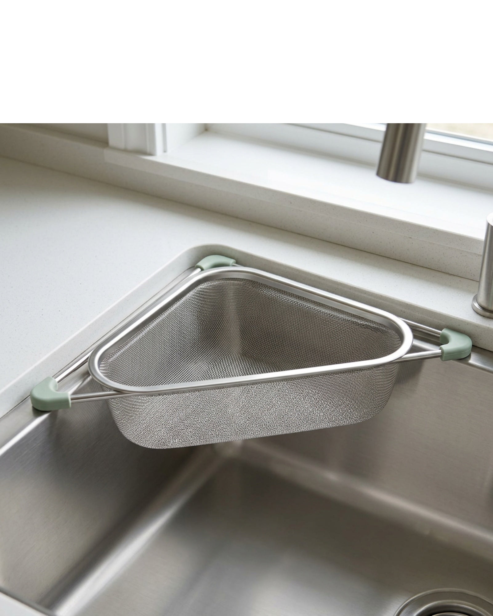 Bestd Triangular Sink-Corner Mesh Draining Basket 32 cm Stainless Steel Sage - Lifestyle view